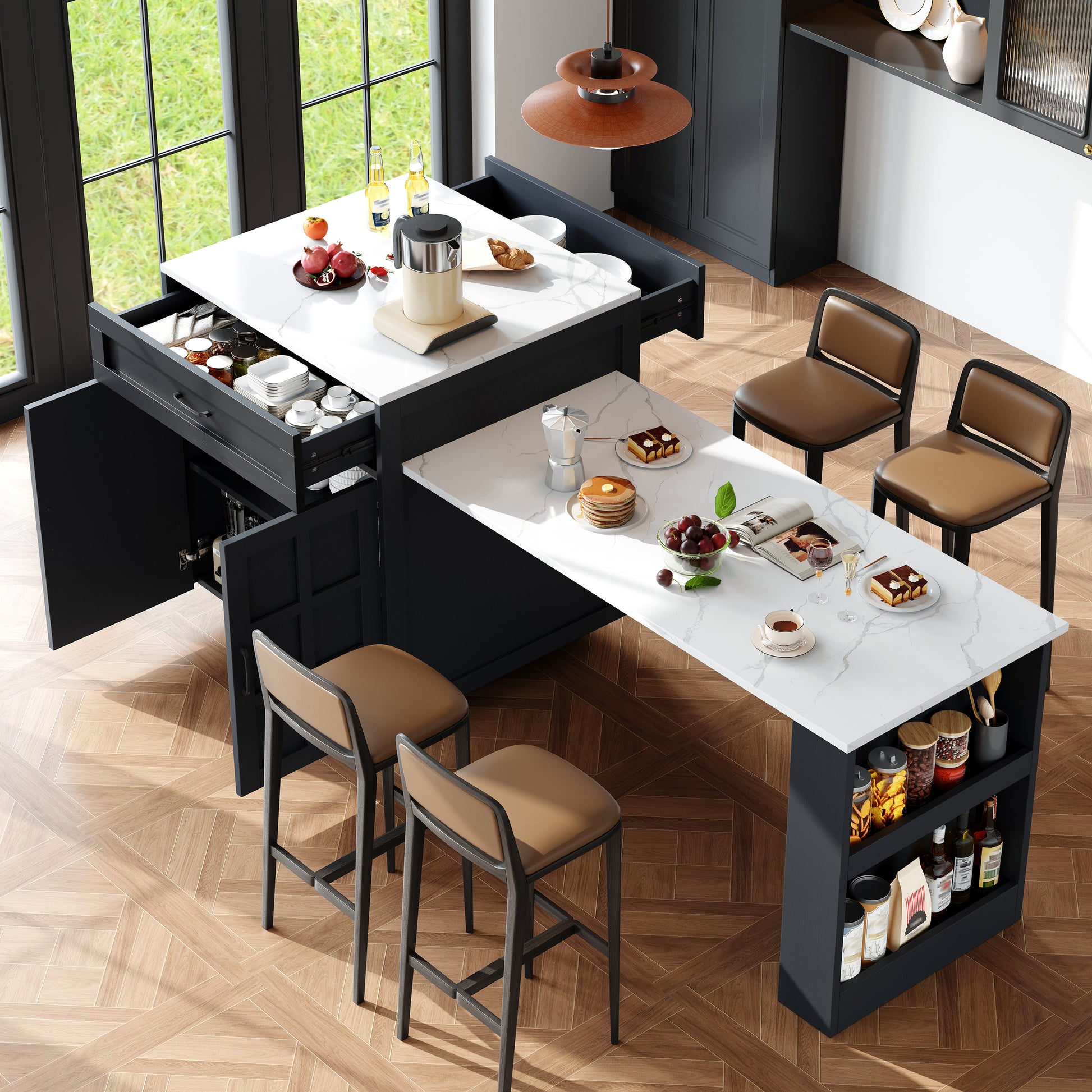 Ausziehbarer Bartisch mit Stauraum(133-202×70×93.5cm),mit zwei Schubladen und vier Fächern, Kücheninsel erweiterbar Tisch, für 2-6 Personen, Küchen-Esswagen mit seitlichen Ablagen, Schwarz