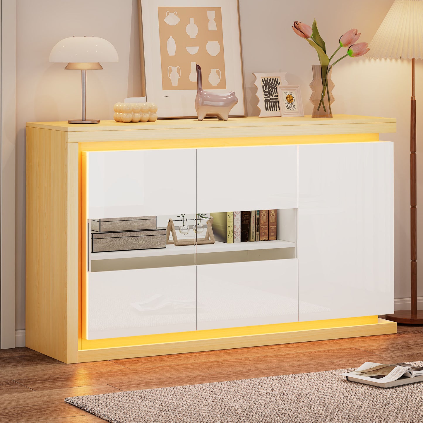 140*40*84cm Wohnzimmerschrank,Moderne Kommode mit  4 Fächern, Breite 140 cm,Beistellschrank mit LED-Lichtleiste,Hochglanz-Sideboard mit Türen aus gehärtetem Glas,Geeignet für Flure, Wohnzimmer, Büros