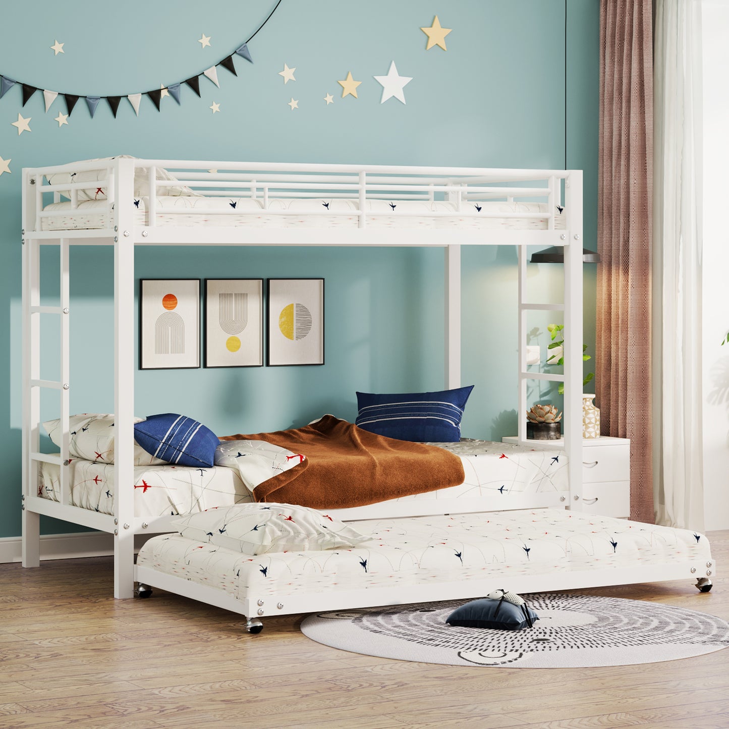 90*200cm Etagenbett, Eisenrahmenbett, Kinderbett, ausgestattet mit Ausziehbett, hohe Geländer, EN747 zertifiziert, robuste Konstruktion, Weiß
