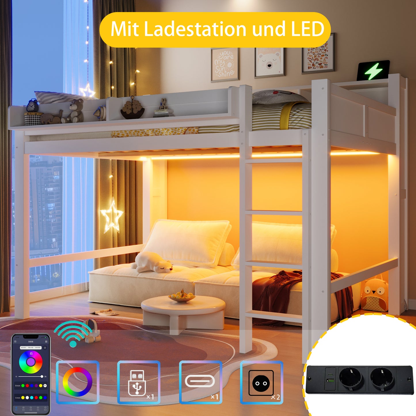 140x200 cm großes Hochbett aus Holz mit Ablagefächern, LED-Beleuchtung und USB-Anschluss, Weiß
