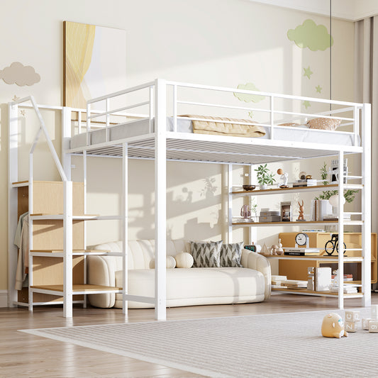 Gigab2b original image - Hochbett 140*200, mit Sicherheitstreppe, Stauraum und kleinem Kleiderschrank, Einlegeböden, hohes Zaundesign, Einzelbett, Jugendbett, weiße