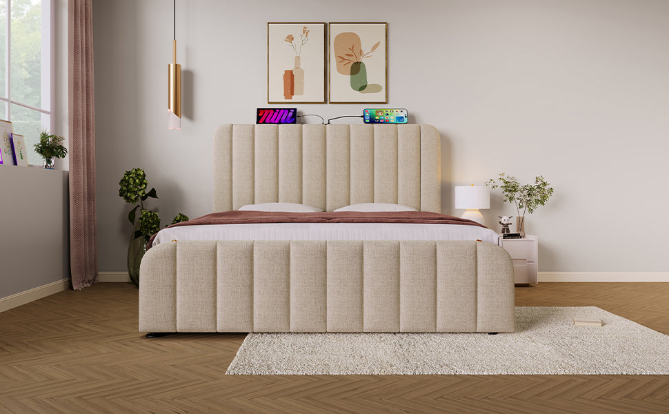 Polsterbett Doppeltes, gepolstertes Kopfteil mit goldenen Zierstreifen und ,USB Typ-C Ladefunktion 140*190 cm, Beige Leinen-Material Hydraulisches Lagerbett,Belastbarkeit 181 kg (Ohne Matratze)