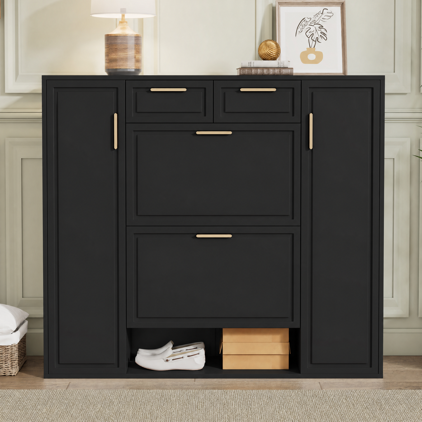 Moderne Schuhschrank, mit verstellbaren Regalen, goldenen Griffen, 2 Schubladen, Klappschuhschrank und 2 Türen, Schwarz, B120/D24/H107 CM