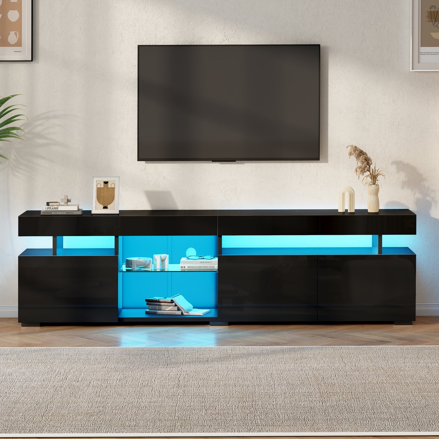 180 x 35 x 45 cm großer TV-Schrank, lowboard, Hochglanz-TV-cabinet mit 3 Türen, verstellbaren Einlegeböden aus gehärtetem Glas, geeignet für Fernseher bis ca. 80 Zoll,Spanplatte,Schwarz