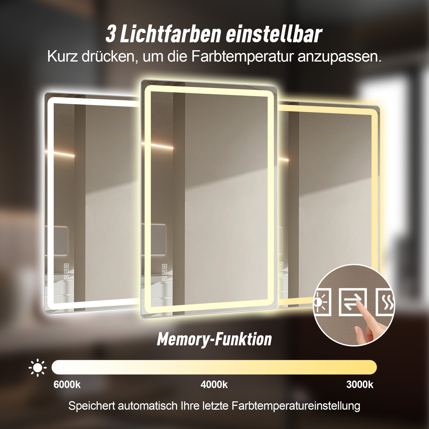 60×100cm Rahmenloser LED Badezimmerspiegel mit Mattierter Frontbeleuchtung, Anti-Beschlag, 3 Lichtfarben, Stufenlos Dimmbar, Memory-Funktion, Horizontal & Vertikal Montierbar, IP44 Wasserdicht