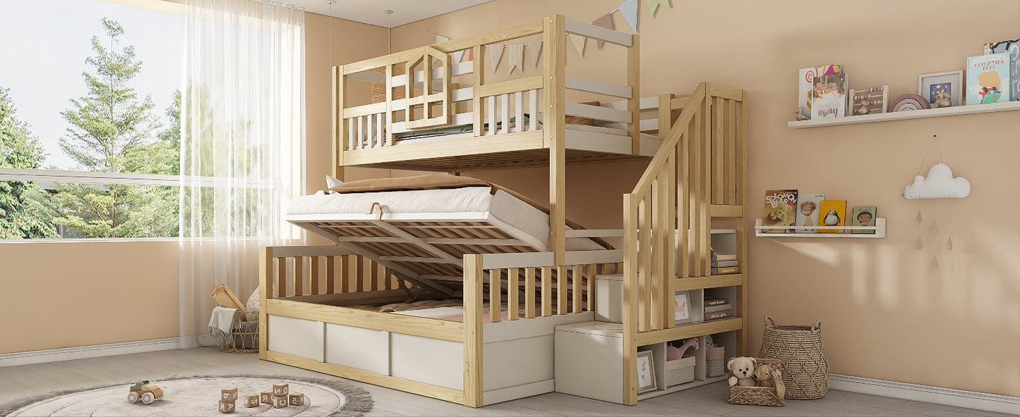 Children's Bunk Bed with Window and Safety Railing in White & Natural Wood