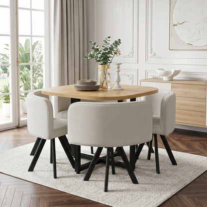 Gigab2b original image - Esstisch und Stuhlset für 4 Personen,bestehend aus einem Esstisch (85 x 85 cm) und vier mit Leinen bezogenen Stühlen, geeignet für Küche und Esszimmer (Eichentischplatte + Beige Stühle)