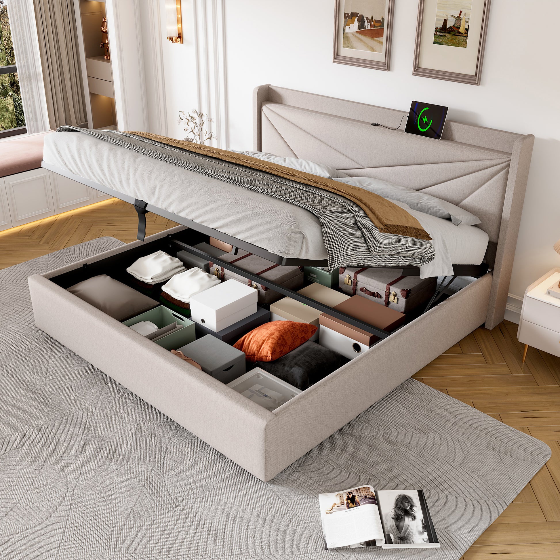 Gigab2b original image - Polsterbett Doppelbett Stauraum Bettkasten mit USB Typ C Ladefunktion Kopfteil,Stauraumbetten Bettgestell aus Leinenmaterial Jugendbett 160x200 mit lattenrost(Ohne Matratze)