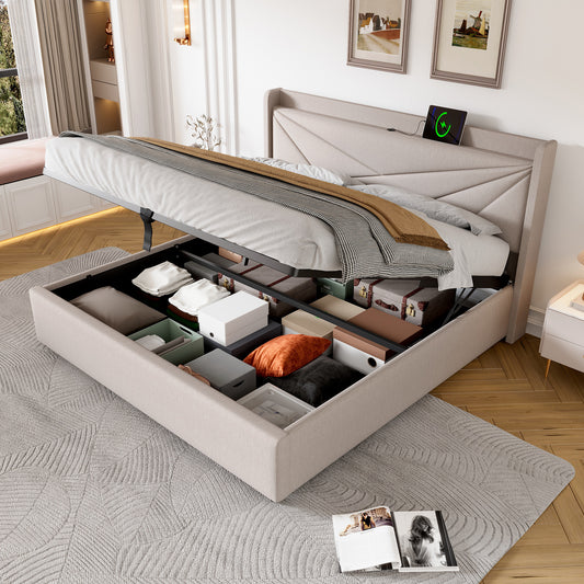 Gigab2b original image - Polsterbett Doppelbett Stauraum Bettkasten mit USB Typ C Ladefunktion Kopfteil,Stauraumbetten Bettgestell aus Leinenmaterial Jugendbett 140x200 mit lattenrost(Ohne Matratze)
