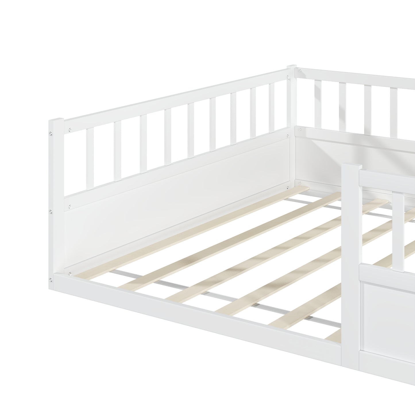 Solid Wood Montessori Floor Bed with Safety Railing and Slatted Frame