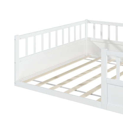 Solid Wood Montessori Floor Bed with Safety Railing and Slatted Frame