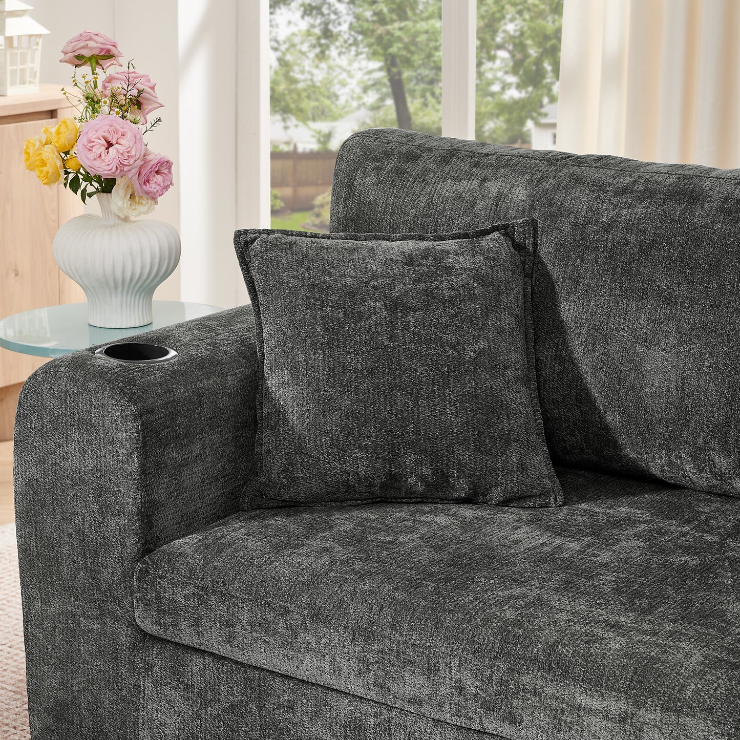 2-Sitzer-Relaxsofa für kleine Räume,aus weichem Chenille-Stoff,ausgestattet mit seitlicher Magazintasche,Getränkehalter und Kissen,geeignet für Wohnzimmer,Arbeitszimmer,Gästezimmer und Wohnungen,Black