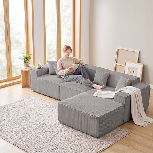 Gigab2b original image - Modulares Ecksofa & Schlafsofa, 279 cm L-förmiges Cloud-Sofa mit hochwertigem Komfortschaum, montagefrei, tiefer Sitz, Kordstoff, verwandelbares Sofa für Wohnzimmer, grau