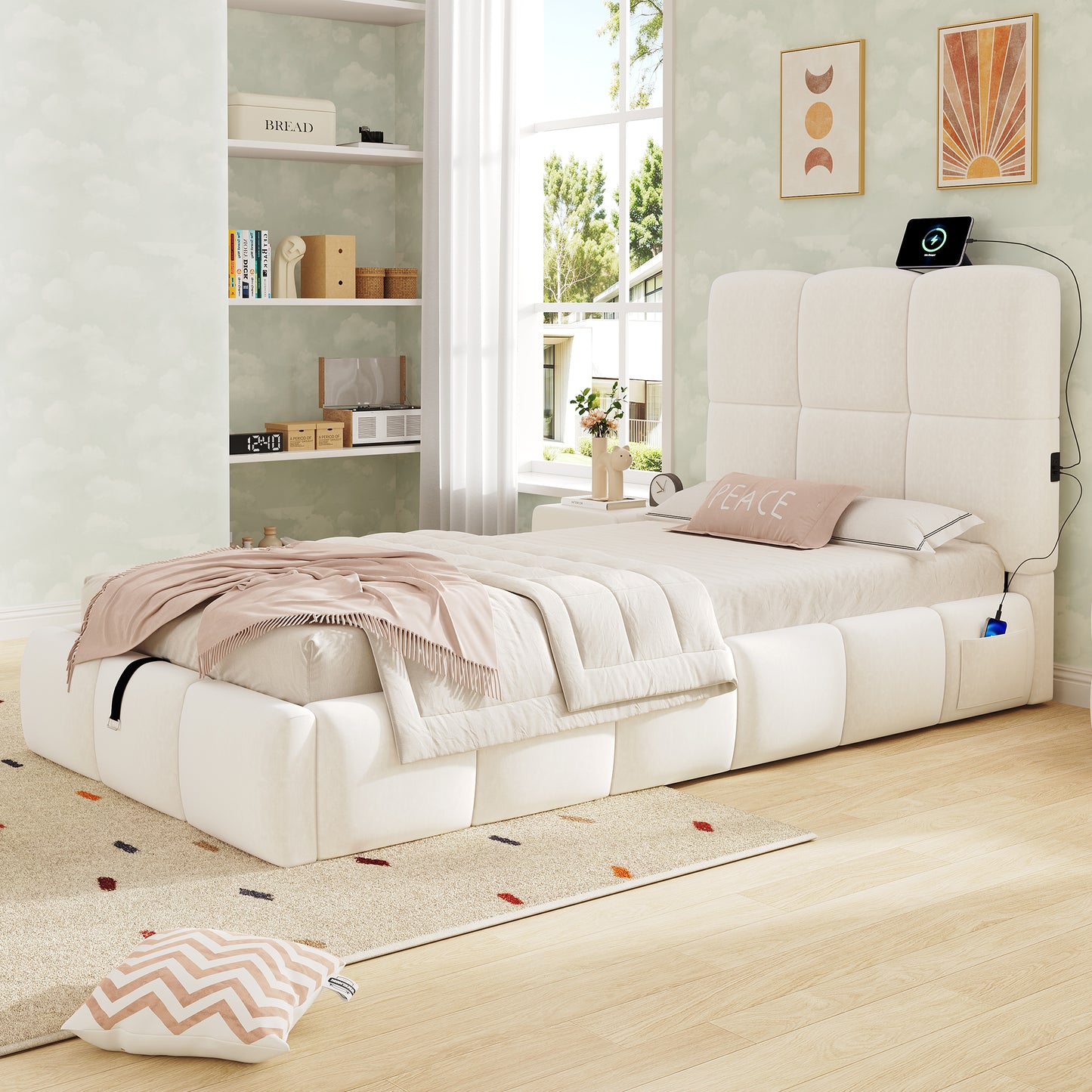 Polsterbett, Einzelbett, Kinderbett 90 x 200cm, hydraulisches Funktionsbett, Bett mit Lattenrost, Kopfteil, großem Stauraum und  USB-Ladeanschluss, gepolstertes Kopfteil, samt, beige