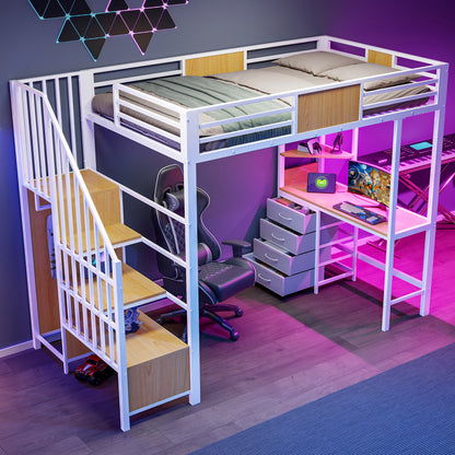 Metal Loft Bed with Desk, Storage, and Clothes Rail