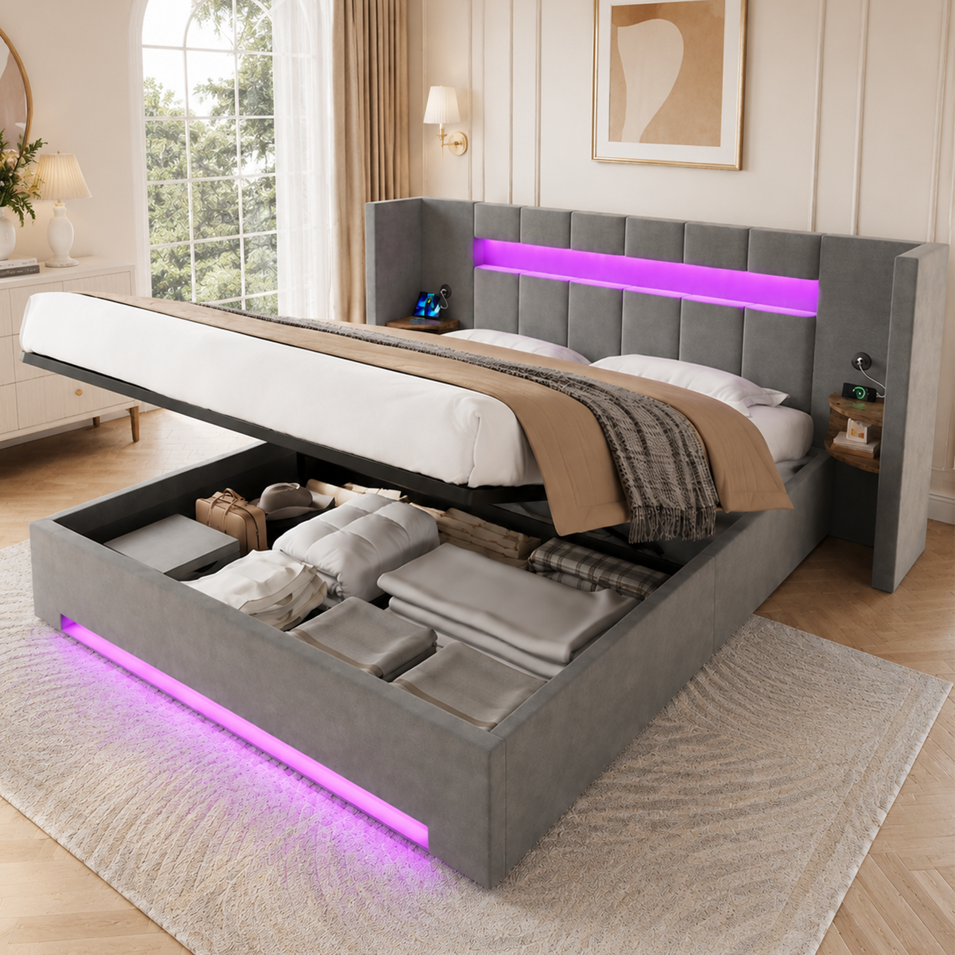 Gigab2b original image - Multifunktionaler Samtbettrahmen: breites Kopfteil, 2x USB, retro Schrank, LED-Licht, Hydraulik & großer Unterbett-Stauraum mit Vliesstoff – Versand in mehreren Paketen (ggf. zeitversetzt).160×200cm