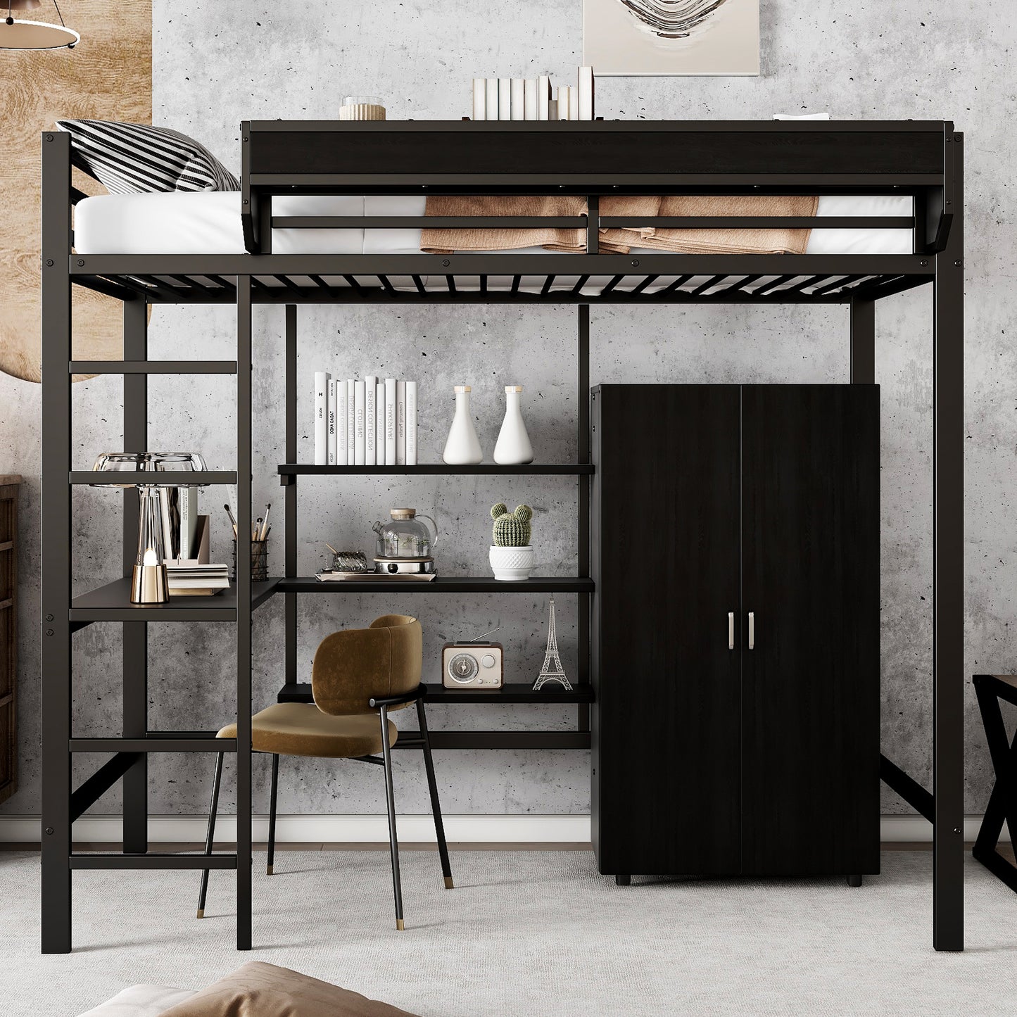 Gigab2b original image - Eisenbett, Etagenbett,  Geeignet für Kinder und Heranwachsende, Mit Tisch und Kleiderschrank, Reichlich Ablagefächer, Mit 5-stufiger Leiter, Eisen+Spanplatte, Schwarz, 90x200cm