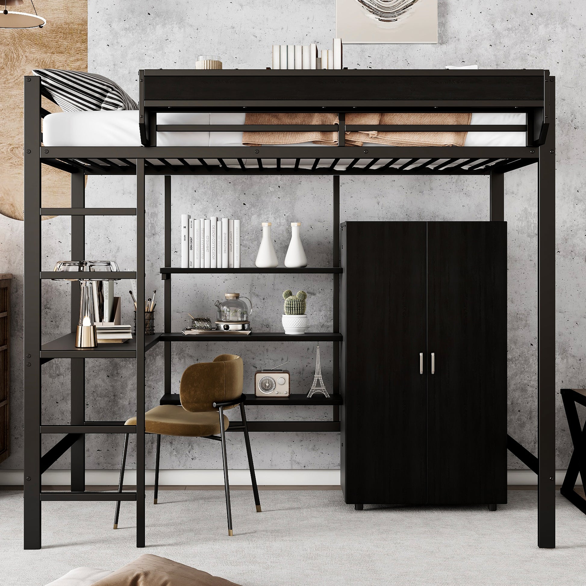 Gigab2b original image - Eisenbett, Etagenbett,  Geeignet für Kinder und Heranwachsende, Mit Tisch und Kleiderschrank, Reichlich Ablagefächer, Mit 5-stufiger Leiter, Eisen+Spanplatte, Schwarz, 90x200cm