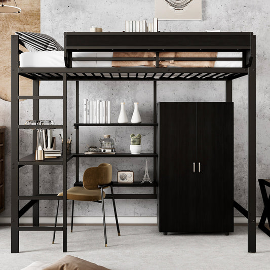 Gigab2b original image - Eisenbett, Etagenbett,  Geeignet für Kinder und Heranwachsende, Mit Tisch und Kleiderschrank, Reichlich Ablagefächer, Mit 5-stufiger Leiter, Eisen+Spanplatte, Schwarz, 90x200cm