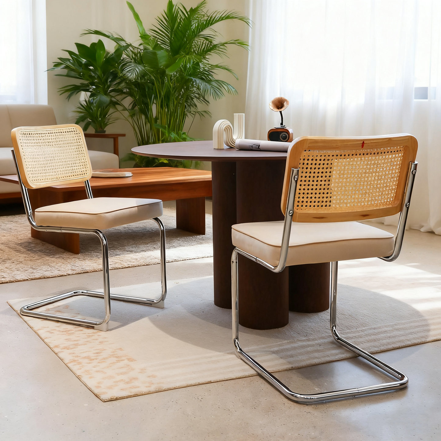 Dining Chairs Set of 4, Velvet Rattan Side Accent Chairs with Chrome Legs, Modern Mid Century Breuer