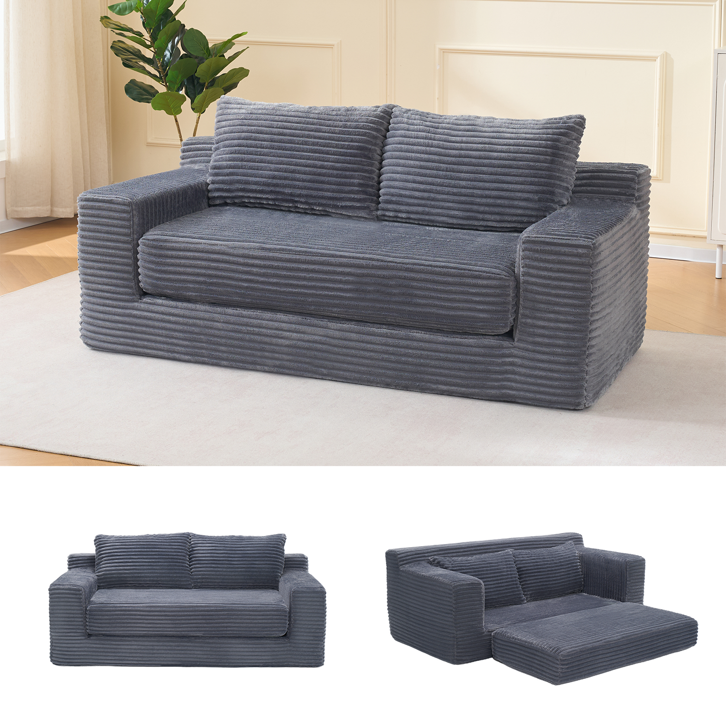 Gigab2b original image - Zweisitzer-Sofa mit Memory-Schaum – kein Aufbau erforderlich, 2-in-1-Funktion, Cordbezug – kompaktes Sofa für kleine Räume, Wohnungen, Homeoffice und Schlafzimmer
