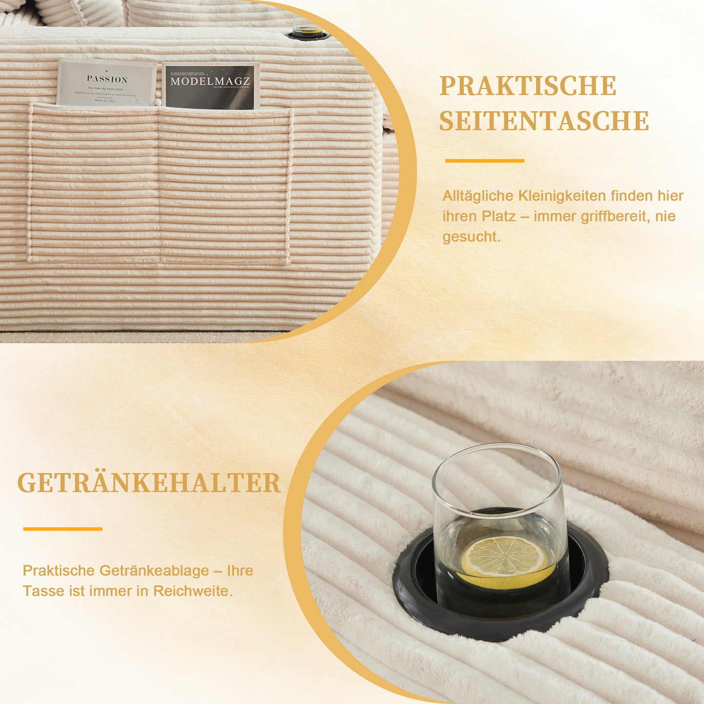 Modulares 3-Sitzer-Sofa + Fußhocker, inklusive Kissen, Getränkehalter und 2 Seitentaschen. Mit einer Füllung aus Schaumstoff und Federkern. Ideal für Wohnzimmer und ähnliche Räume (beiger Cordstoff)