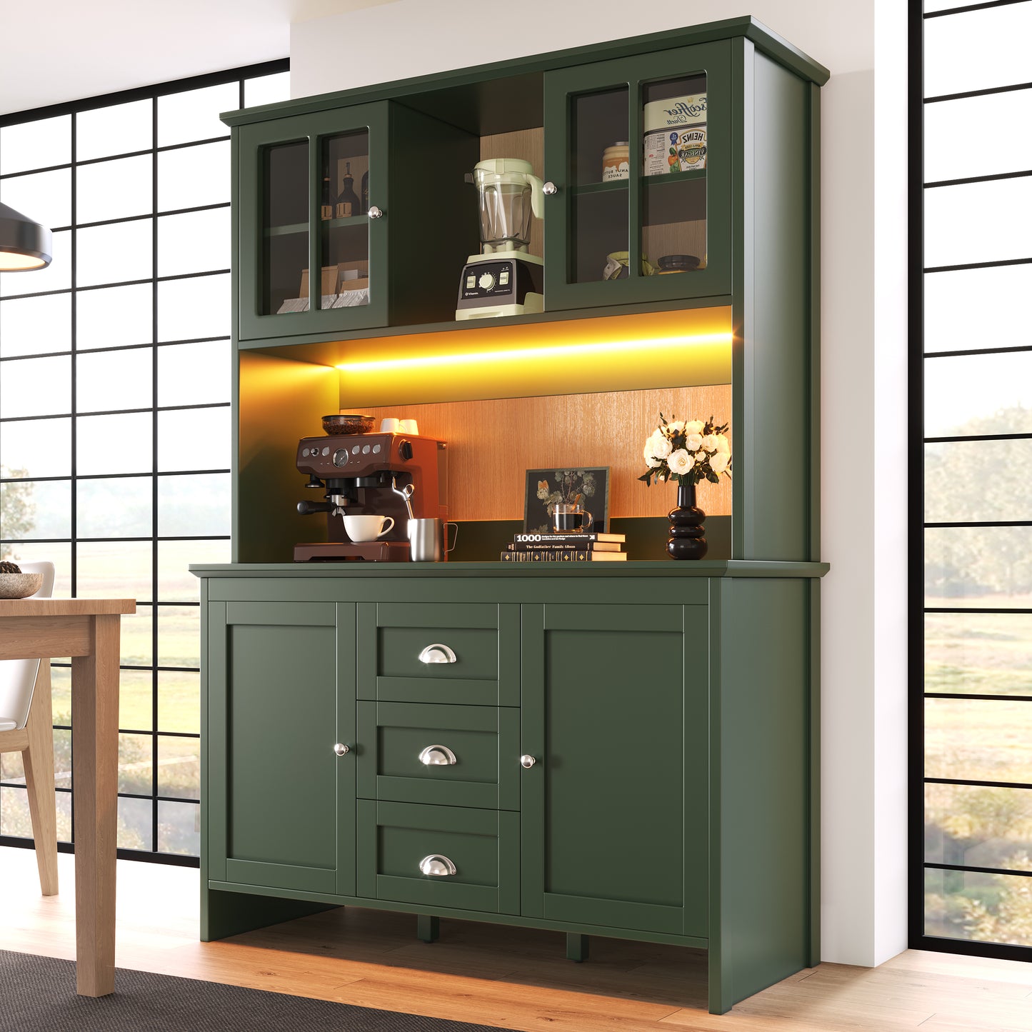 Gigab2b original image - Küchenschränke (120 x 40 x 179 cm), hohe Küchenschränke, Sideboards, Küchenschränke mit braunen Glastüren und LED-Beleuchtung, grün