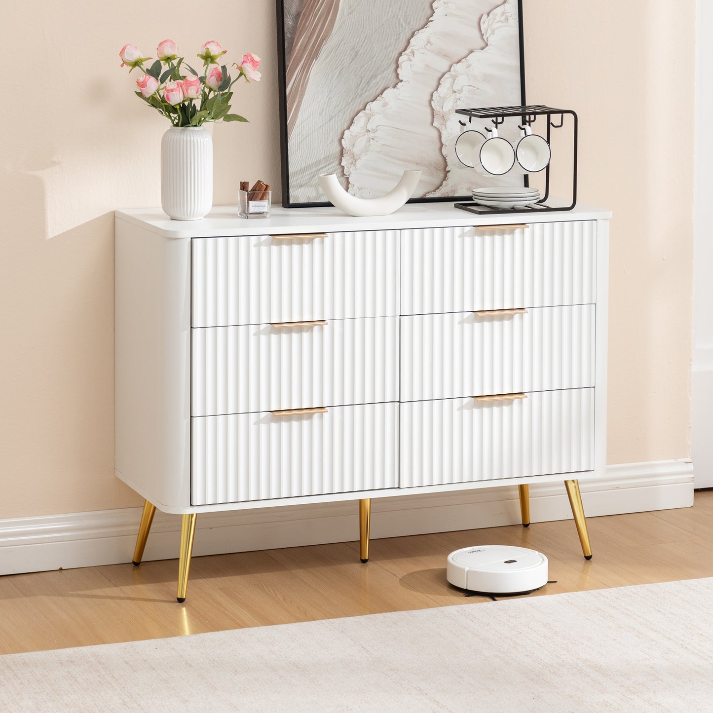 6-Drawer Dresser, Modern White Storage Chest with Metal Handles & Soft-Closing Slides, Sturdy MDF Bedroom Dresser for Living Room Hallway – Anti-Tip Device, 20cm Raised Legs for Robot Vacuum