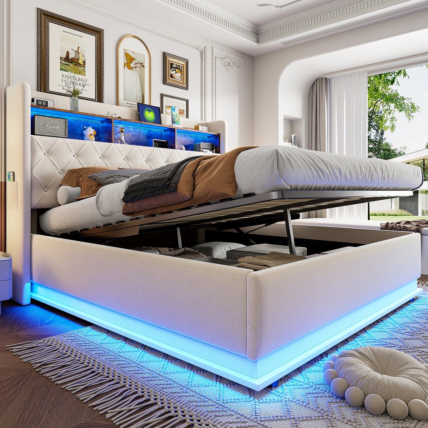Gigab2b original image - LED-Polsterbett 180 x 200 cm, Gepolstertes Stauraumbett mit USB-Ladeanschluss und hydraulischem Stauraum, hautfreundlicher Leinenstoff, Beige