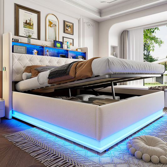 Gigab2b original image - LED-Polsterbett 180 x 200 cm, Gepolstertes Stauraumbett mit USB-Ladeanschluss und hydraulischem Stauraum, hautfreundlicher Leinenstoff, Beige