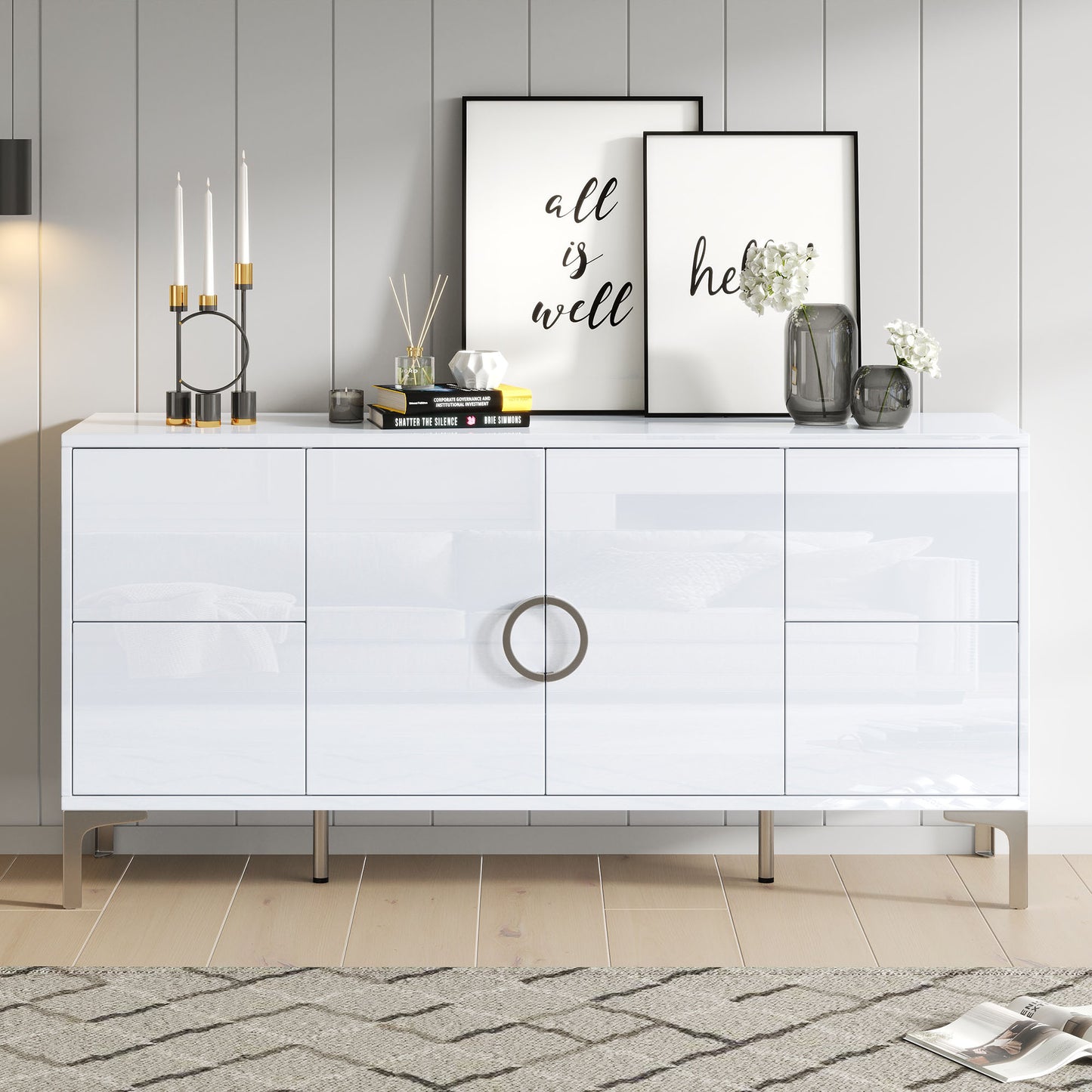 150*38*59.5cm Beistellschrank, Wohnzimmerschrank mit 4 Schubladen, 2 Schranktüren, Esszimmerschrank, Hochglanz Sideboard, Ein kommode mit Metallstützfüße, breite grifflose Schließfächer, Weiß, MDF