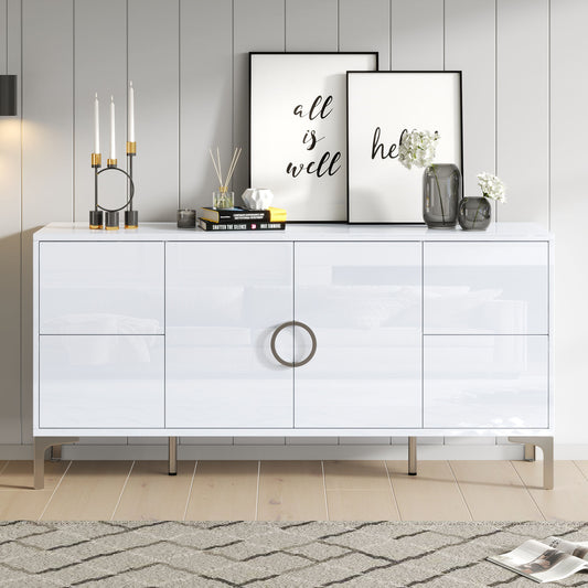 150*38*59.5cm Beistellschrank, Wohnzimmerschrank mit 4 Schubladen, 2 Schranktüren, Esszimmerschrank, Hochglanz Sideboard, Ein kommode mit Metallstützfüße, breite grifflose Schließfächer, Weiß, MDF