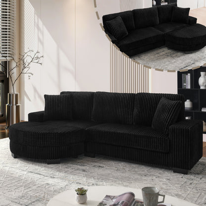 Gigab2b original image - L-förmiges Ecksofa – 4-Sitzer Sofa, 256.5 x 133.5 x 89 cm, Klassisches Corduroy, Modulares Design mit Ovalem Hocker, 2 Kissen Inklusive, Ideal für Wohnzimmer, Apartments & Büros, Black