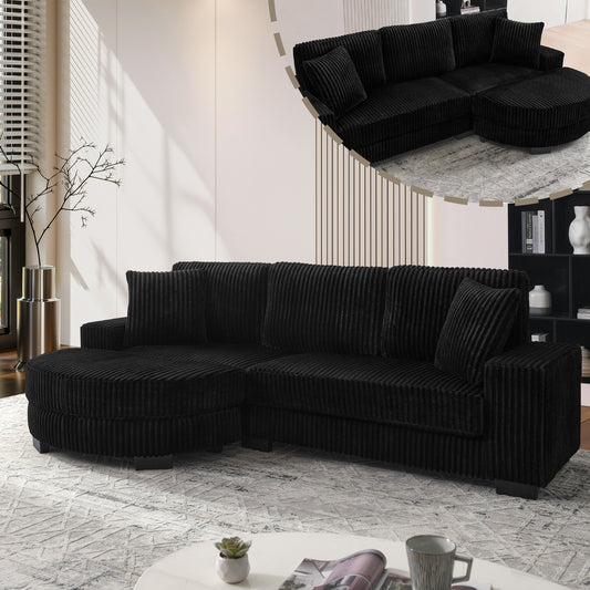 Gigab2b original image - L-förmiges Ecksofa – 4-Sitzer Sofa, 256.5 x 133.5 x 89 cm, Klassisches Corduroy, Modulares Design mit Ovalem Hocker, 2 Kissen Inklusive, Ideal für Wohnzimmer, Apartments & Büros, Black