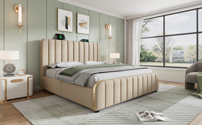 Polsterbett Doppeltes, gepolstertes Kopfteil mit goldenen Zierstreifen und ,USB Typ-C Ladefunktion 140*190 cm, Beige Leinen-Material mit 4 Schubladen ,Belastbarkeit 181 kg (Ohne Matratze)