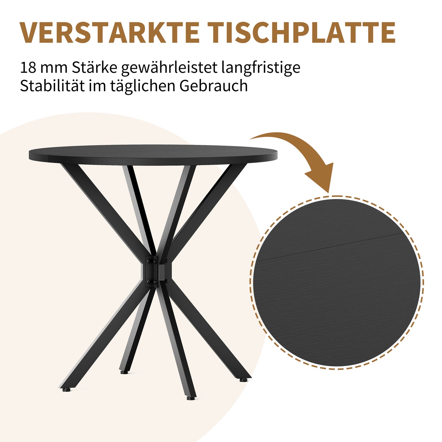 Runder Tisch mit X-Beinen, 80 cm - Küchen- und Esstisch für Homeoffice, Balkon oder als Couchtisch - Schwarz