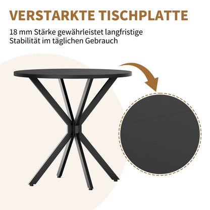 Runder Tisch mit X-Beinen, 80 cm - Küchen- und Esstisch für Homeoffice, Balkon oder als Couchtisch - Schwarz