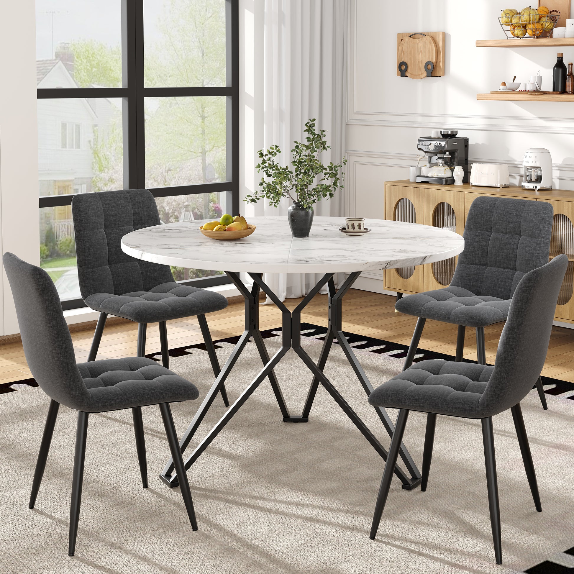 Gigab2b original image - Esstisch-Set (5-teilig), Esstisch-Set mit 4 Stühlen, Modernes Küchen-Esstisch-Set, Runder Küchentisch mit Durchmesser 100 cm, Schwarze Metallbeine, MDF-Marmor-Tischplatte, Graue Leinen Esszimmerstühle