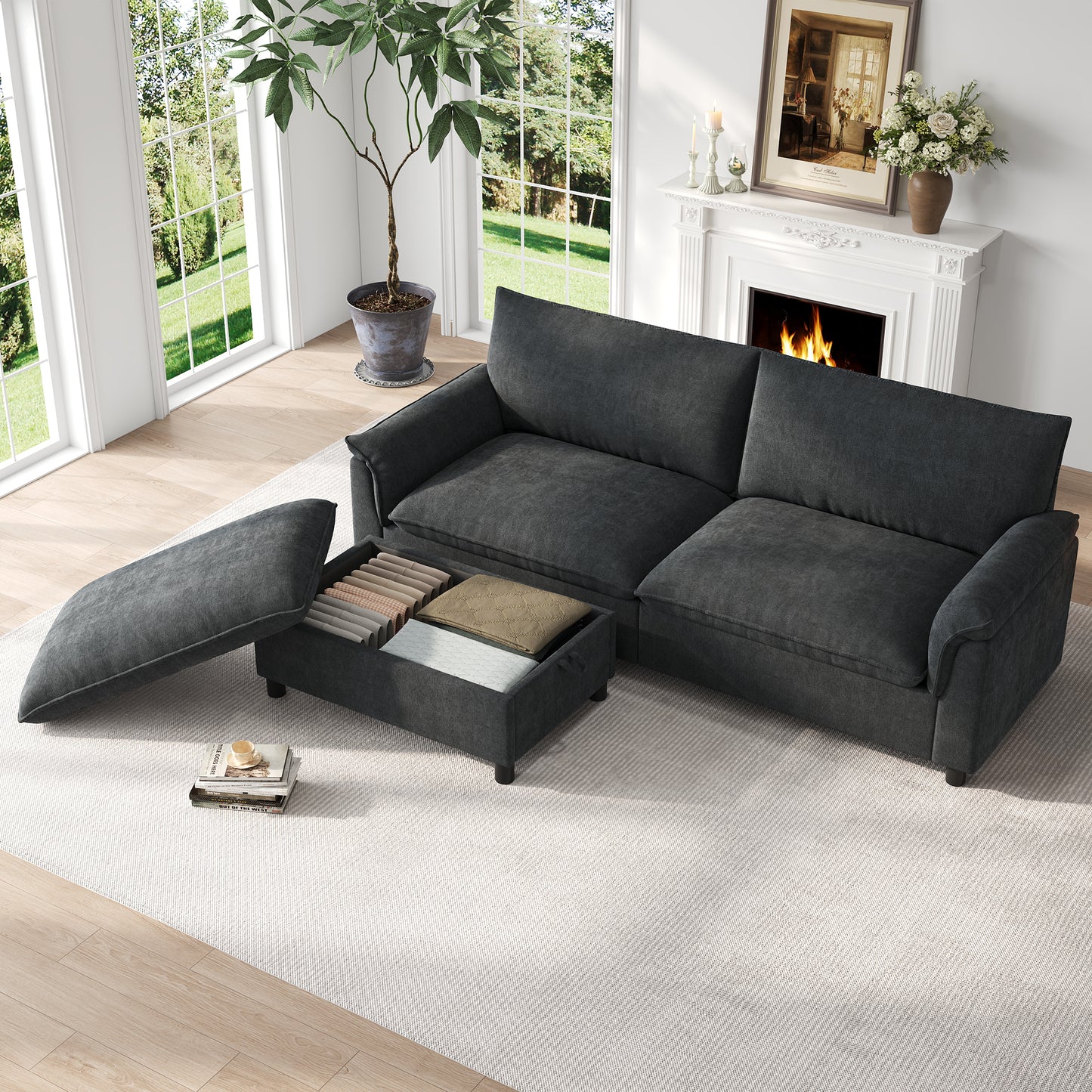 Modulares Cloud-Sectional-Sofa, komfortables Ecksofa für das Wohnzimmer, modernes Deep-Seat-Design, übergroßes Cloud-Sofa, mit 1 beweglichen Fußhocker, hohe Rückenlehne, Schwarz, B216 × H82 × T77 cm