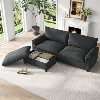 Modulares Cloud-Sectional-Sofa, komfortables Ecksofa für das Wohnzimmer, modernes Deep-Seat-Design, übergroßes Cloud-Sofa, mit 1 beweglichen Fußhocker, hohe Rückenlehne, Schwarz, B216 × H82 × T77 cm