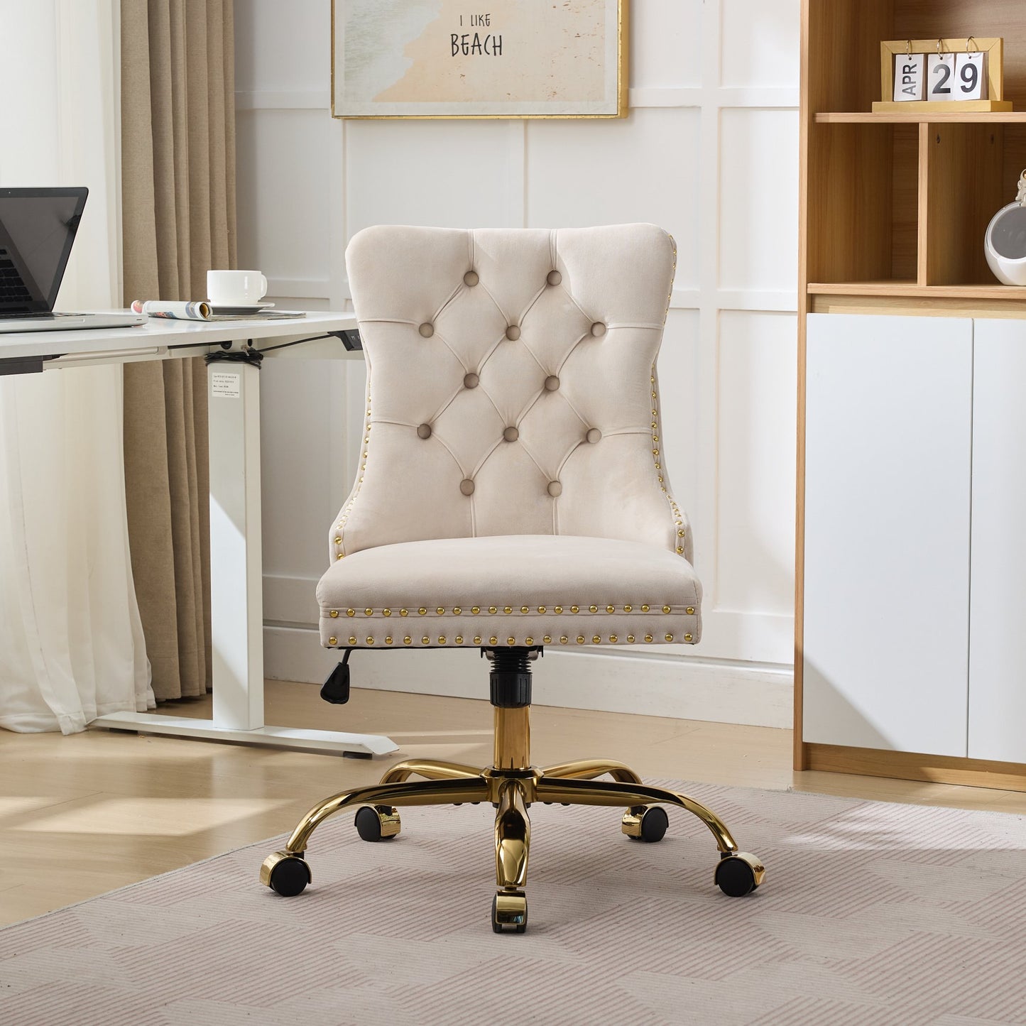 Gigab2b original image - Home Office Chair,Modern Velvet Upholstered Tufted Button Home Office Chair with Golden Metal Base,Adjustable Desk Chair Swivel Office Chair (Beige),DE1923BG