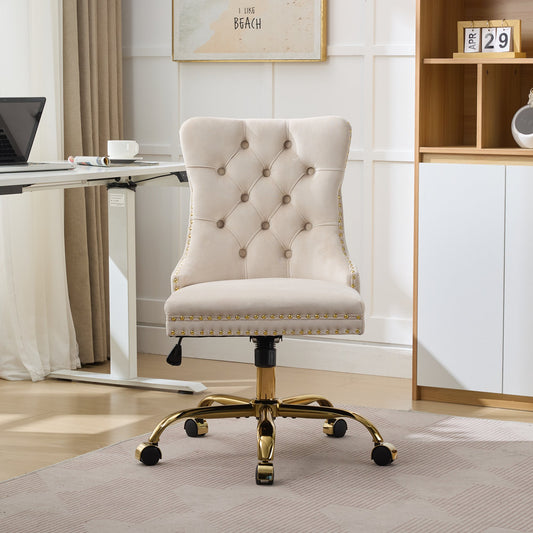Gigab2b original image - Home Office Chair,Modern Velvet Upholstered Tufted Button Home Office Chair with Golden Metal Base,Adjustable Desk Chair Swivel Office Chair (Beige),DE1923BG