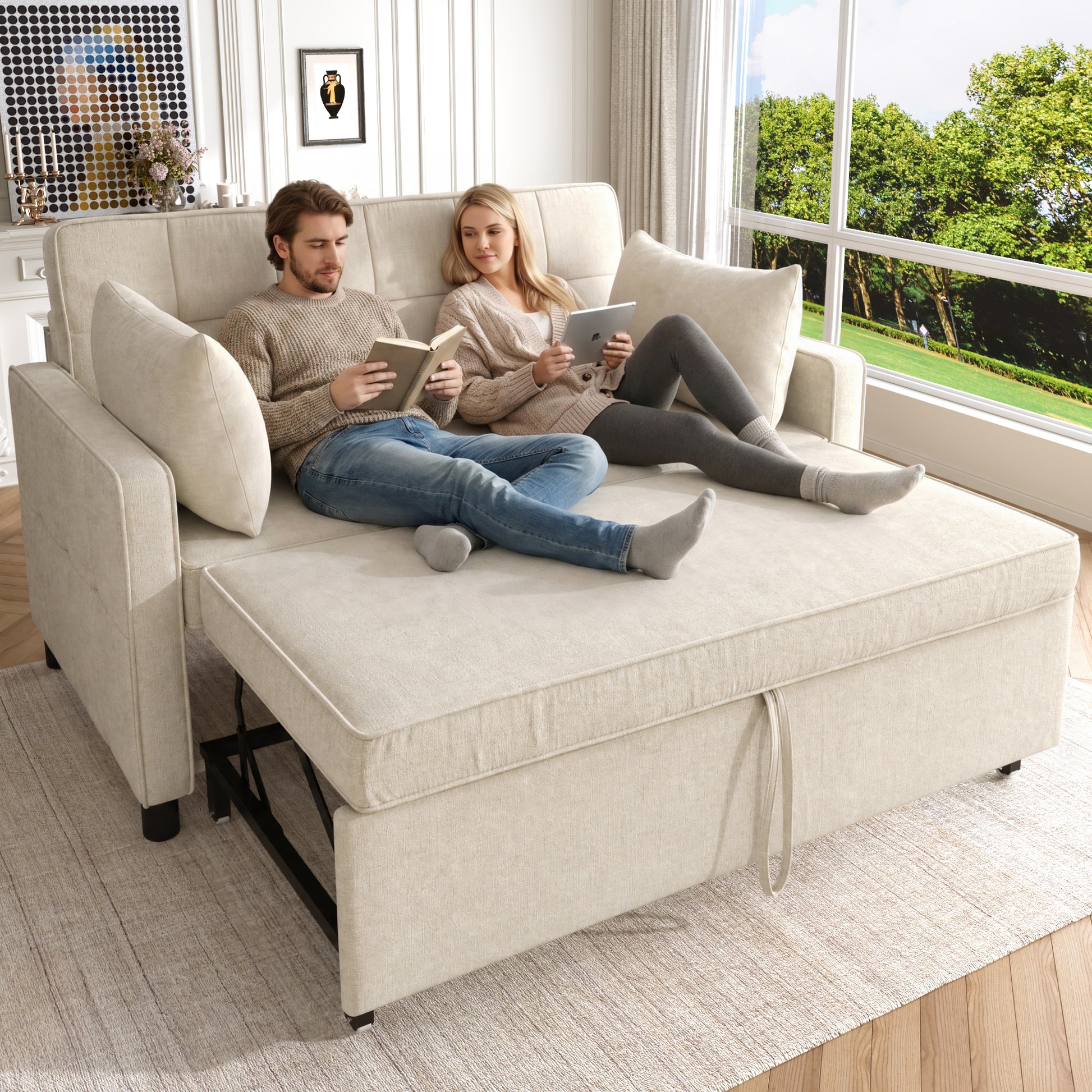 Gigab2b original image - [Sofabett mit Schlaffunktion] Zweisitziges Sofa, Doppelschlafsofa, verstellbare Rückenlehne, Chenille-Stoff, hochdichter Schaumstoff, Wohnzimmersofa, Sofa mit Bettfunktion
