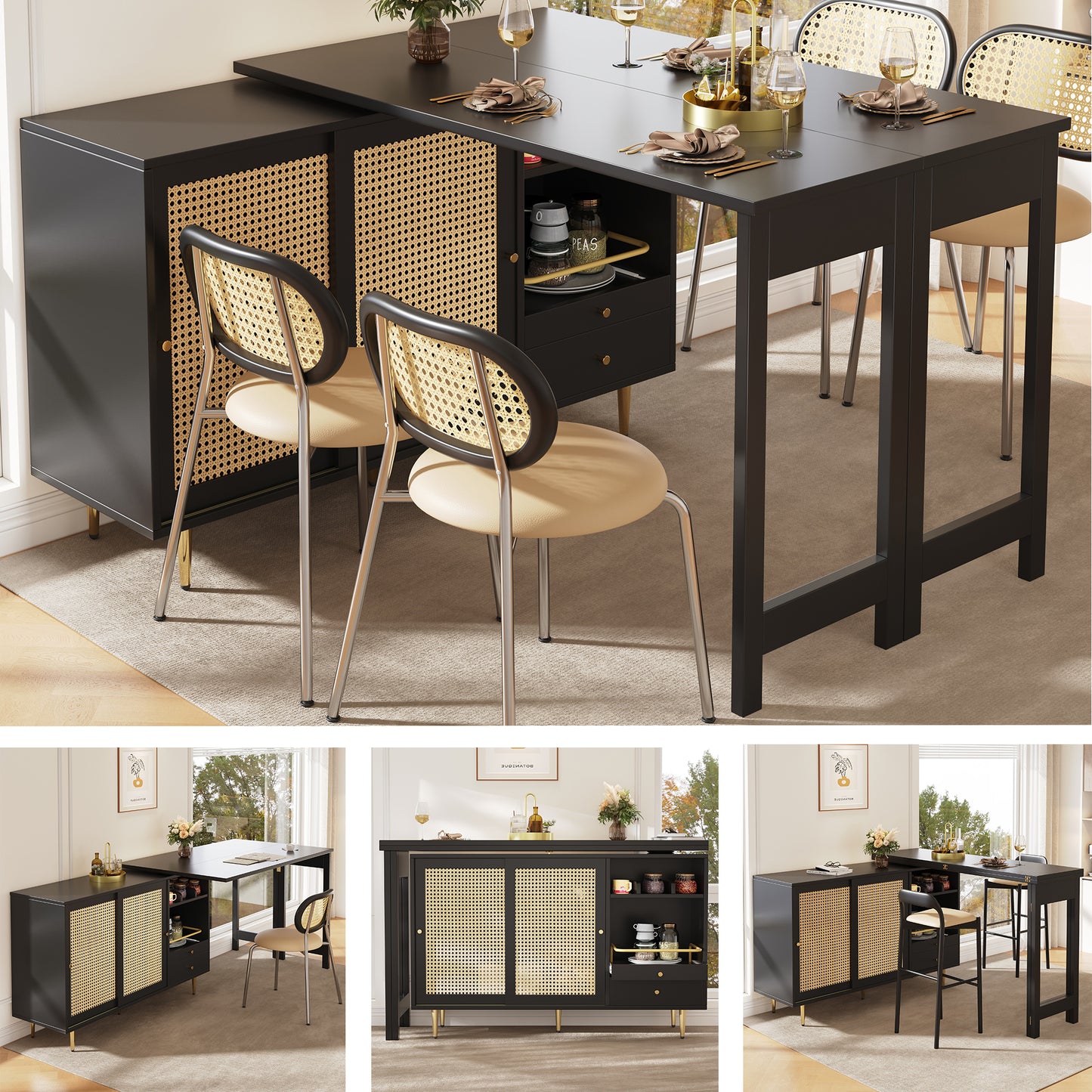 Gigab2b original image - Um 360° drehbarer Stehtisch (Hauptkörper: 107 x 40 x 71,4 cm), schwarzer ausziehbarer Design-Stehtisch, Aufbewahrungsschrank mit Rattantür + offenes Lagerregal, geeignet für Küche und Esszimmer