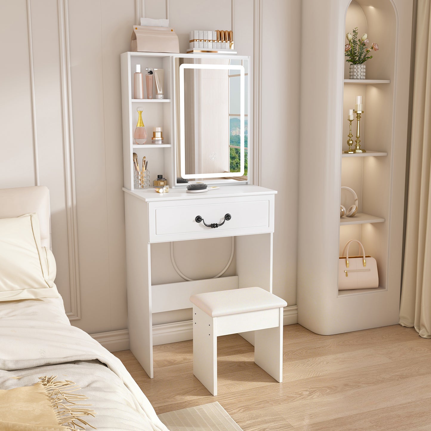 Modernes minimalistisches Schminktisch-Set mit dimmbarem LED-Spiegel – Kompakt mit verstecktem Stauraum, inkl. gepolsterter Hocker, Weiß, B60/H131.5/T36cm.