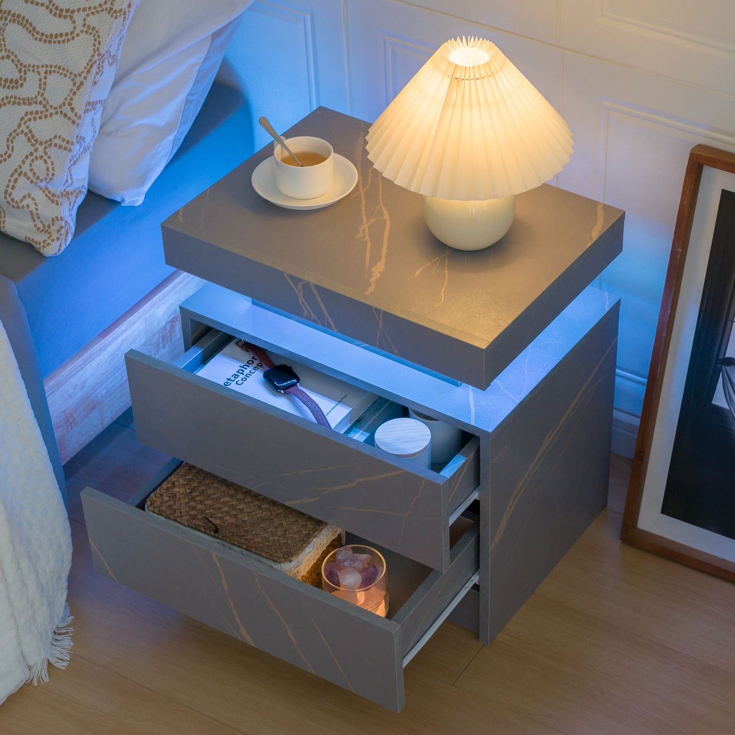 Modern LED Nightstands Set of 2 with Drawers and Cabinet Lights for Bedroom
