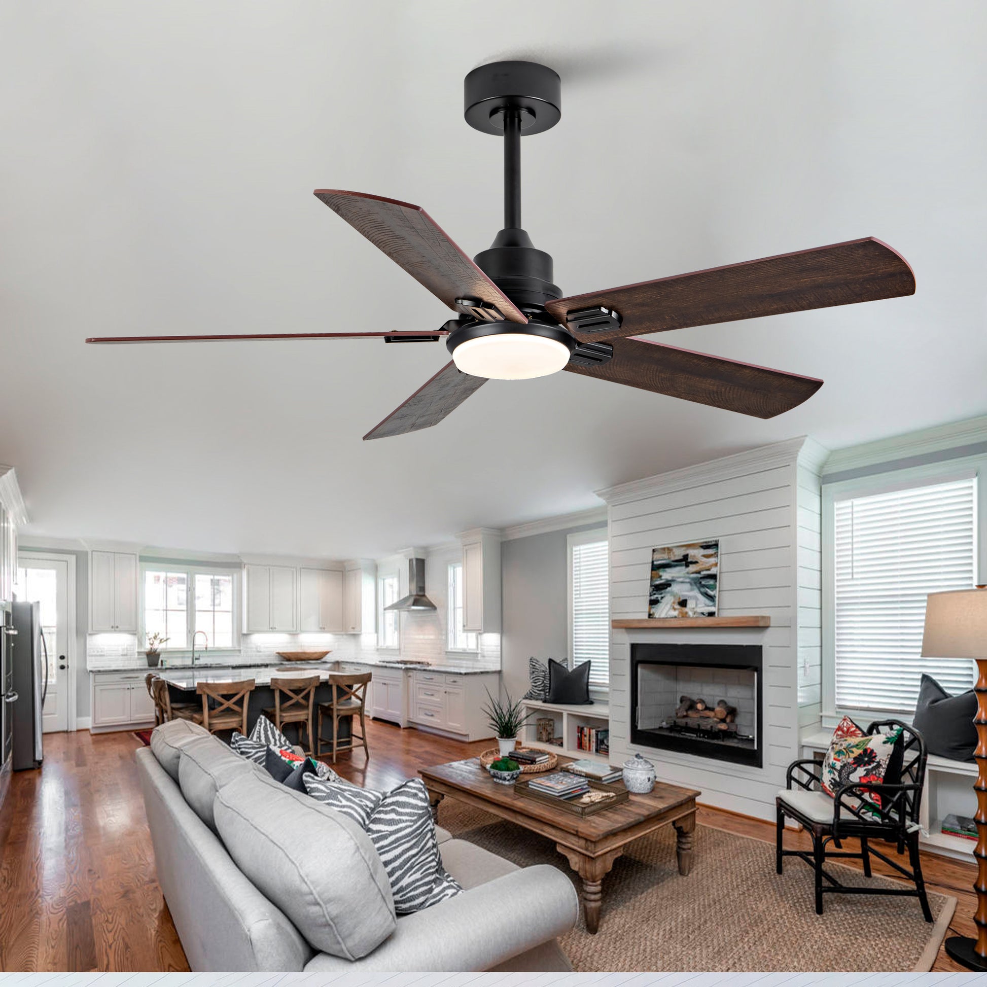 52-Zoll-Schwarzer Deckenventilator mit Licht und Fernbedienung, Moderner Innen-/Außen-Deckenventilator für Schlafzimmer, Wohnzimmer, Terrasse, 6-Gang-reversibler leiser DC-Motor, 3 Farbtemperaturen, F