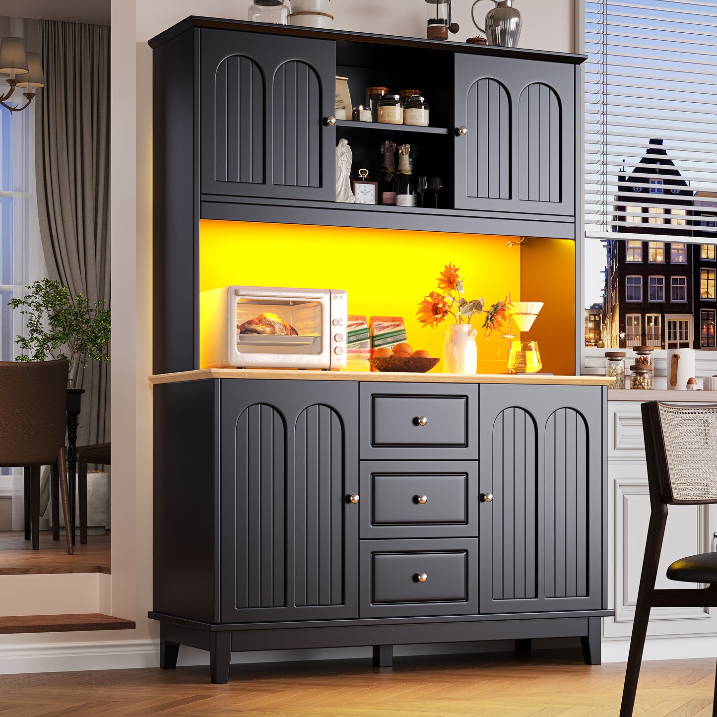 Gigab2b original image - Hochwertiger Hochschrank mit LED-Beleuchtung und App-Steuerung (120×40×180cm ), Moderner Wohnzimmerschrank mit 4 Türen & 3 Schubladen, Küchenvitrine mit Musik-Lichtfunktion & Kippschutz