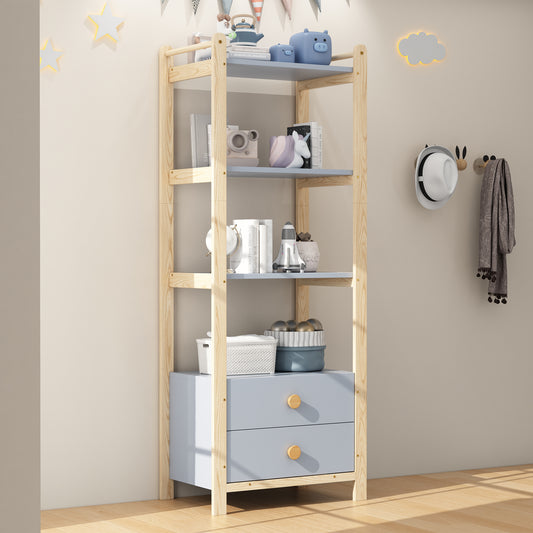 Gigab2b original image - Standregal, 2 Schubladen, 4 Ebenen Bücherregal, Kieferrahmen, Vollholzgriffen, für Wohnzimmer, Schlafzimmer, Bücherzimmer, blau+natürliches Holz, 70×44×180cm
