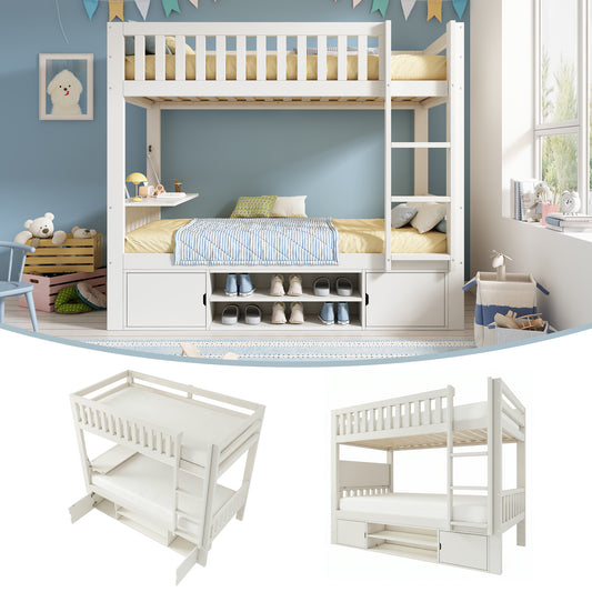 Gigab2b original image - Weißes Kinder Hochbett 90×200 cm mit klappbarer Tischplatte und integriertem Schuhregal, Lattenrost, platzsparende All‑in‑One Lösung, EN 747 geprüft, ohne Matratze